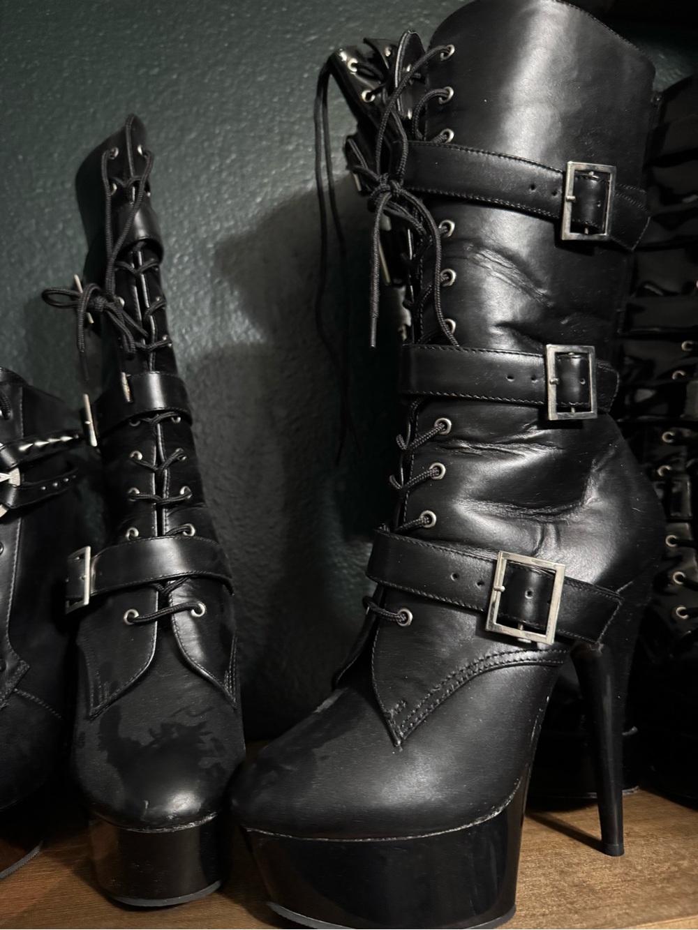 Pleaser Black Lace-Up Platform Buckle Stiletto Boots